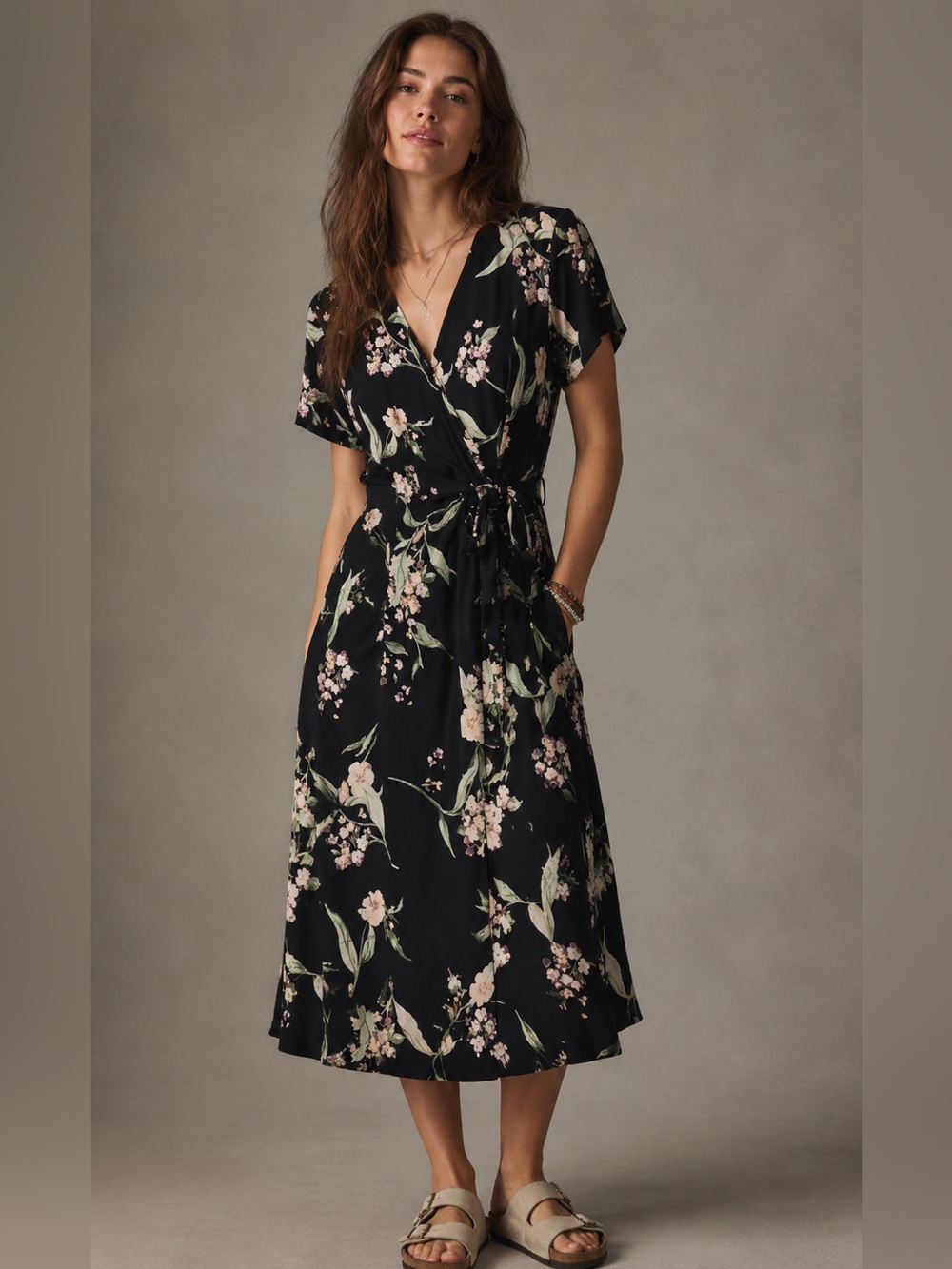 Nicole Miller Black Floral Faux-Wrap Shortsleeve Midi Dress Small Stretch